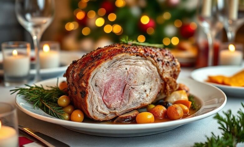 Pernil suíno assado dourado e suculento, decorado com frutas assadas e ervas em uma bela travessa natalina