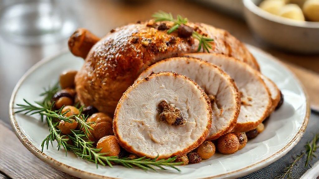 Peru assado inteiro dourado, com recheio aparente de castanhas e uvas passas, servido em travessa natalina decorada.