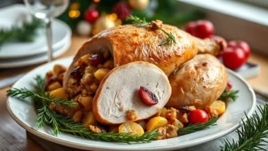 Peru de Natal assado e dourado, acompanhado de farofa com frutas, decorado com laranjas e alecrim em uma travessa elegante