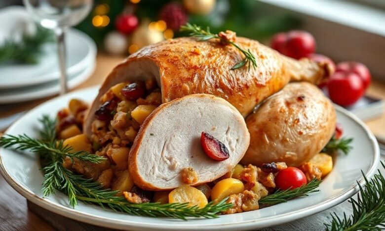 Peru de Natal assado e dourado, acompanhado de farofa com frutas, decorado com laranjas e alecrim em uma travessa elegante