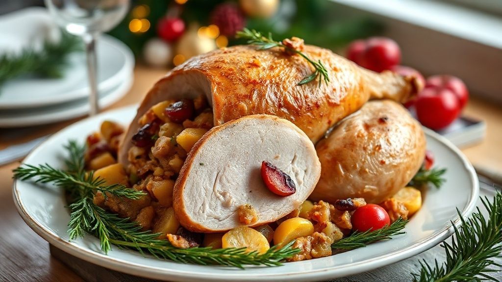 Peru de Natal assado e dourado, acompanhado de farofa com frutas, decorado com laranjas e alecrim em uma travessa elegante