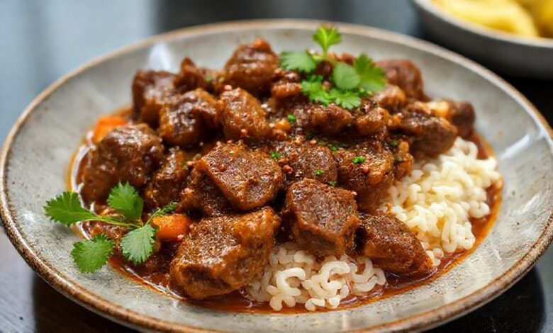 Prato de picadinho de carne pronto, com molho espesso, arroz branco, farofa e banana frita, servido em louça rústica