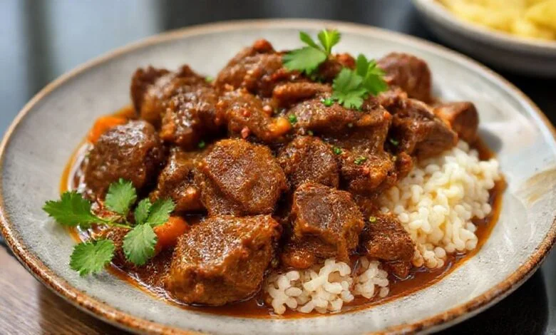 Prato de picadinho de carne servido com arroz branco e farofa, com molho rico e legumes no ponto certo
