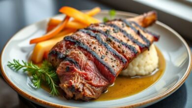 Picanha dourada e suculenta, servida com batatas ao forno e ervas frescas em um prato elegante
