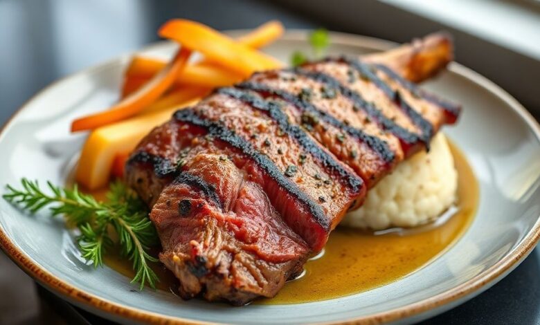 Picanha dourada e suculenta, servida com batatas ao forno e ervas frescas em um prato elegante
