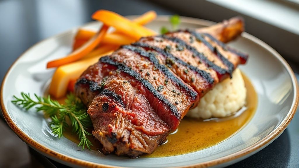 Picanha dourada e suculenta, servida com batatas ao forno e ervas frescas em um prato elegante