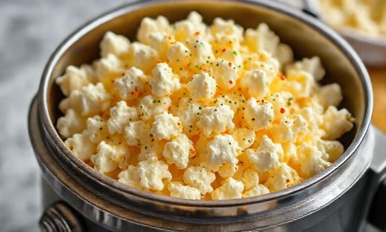 Tigela de pipoca dourada e crocante, com aparência leve e toque amanteigado irresistível