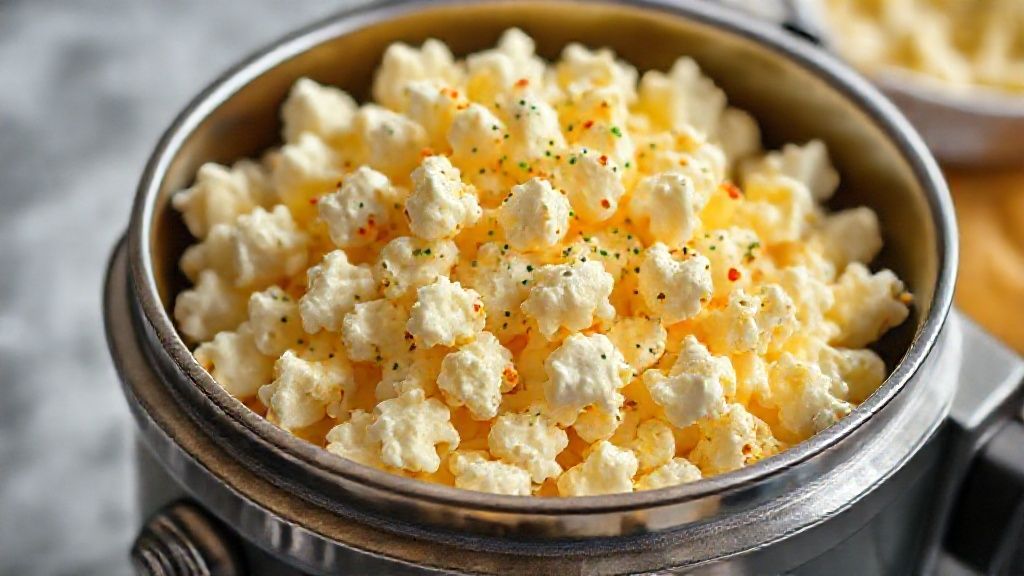 Tigela de pipoca dourada e crocante, com aparência leve e toque amanteigado irresistível