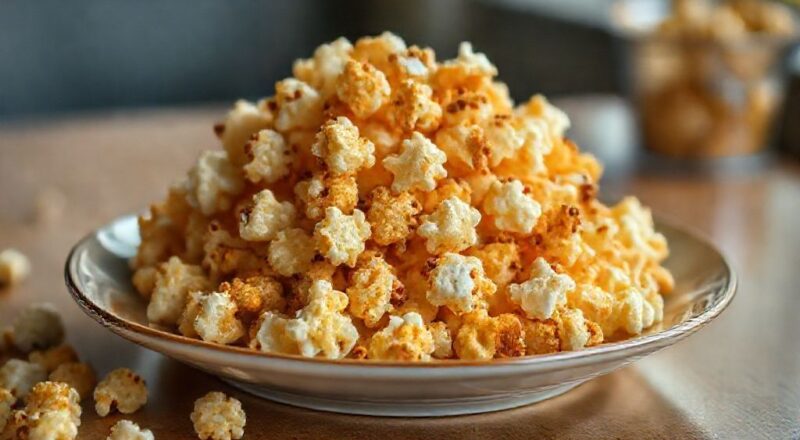 Tigela de pipoca doce crocante com caramelo dourado, visual apetitoso e brilho irresistível