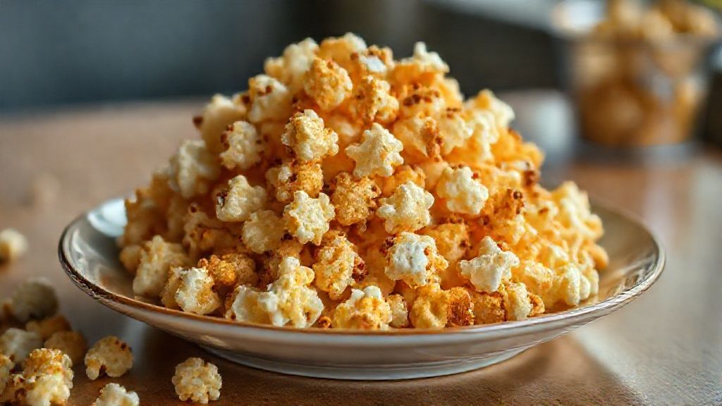 Tigela cheia de pipoca doce de cinema crocante com brilho dourado e textura caramelada