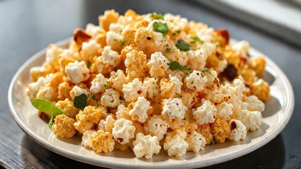 Tigela de pipoca gourmet colorida e crocante, com coberturas de chocolate, caramelo e leite ninho