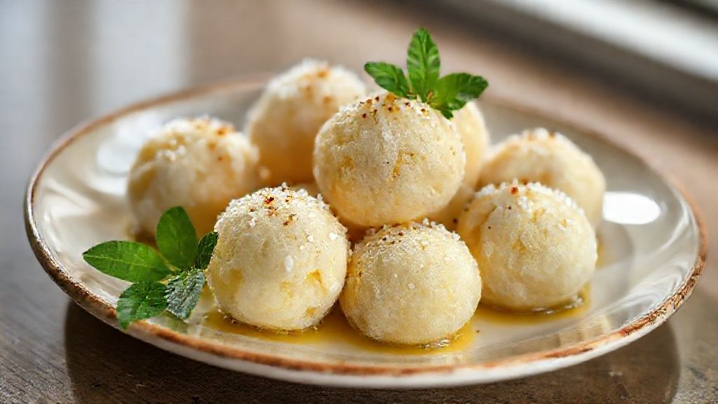 Prato com pipoquinha doce de polvilho crocante e dourada, polvilhada com açúcar cristal, servida em tigela branca