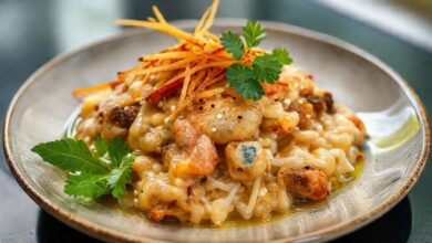 Prato pronto de pirarucu de casaca montado em camadas, com farofa dourada, banana frita e ervas frescas.