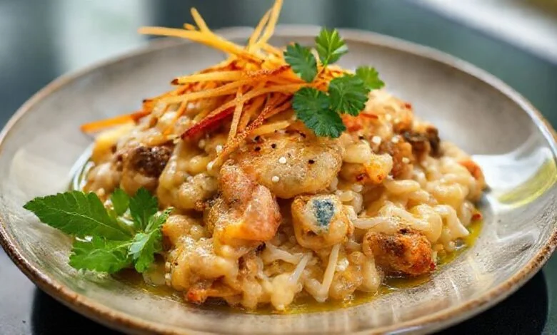 Prato pronto de pirarucu de casaca montado em camadas, com farofa dourada, banana frita e ervas frescas.