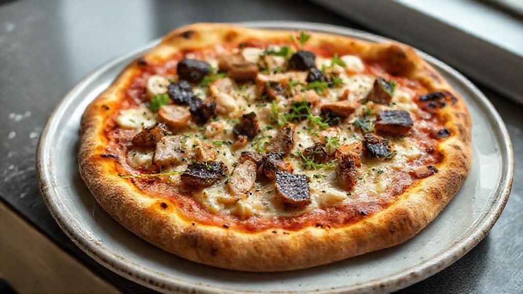 Pizza de sardinha de liquidificador dourada e suculenta servida em fatias sobre uma tábua rústica