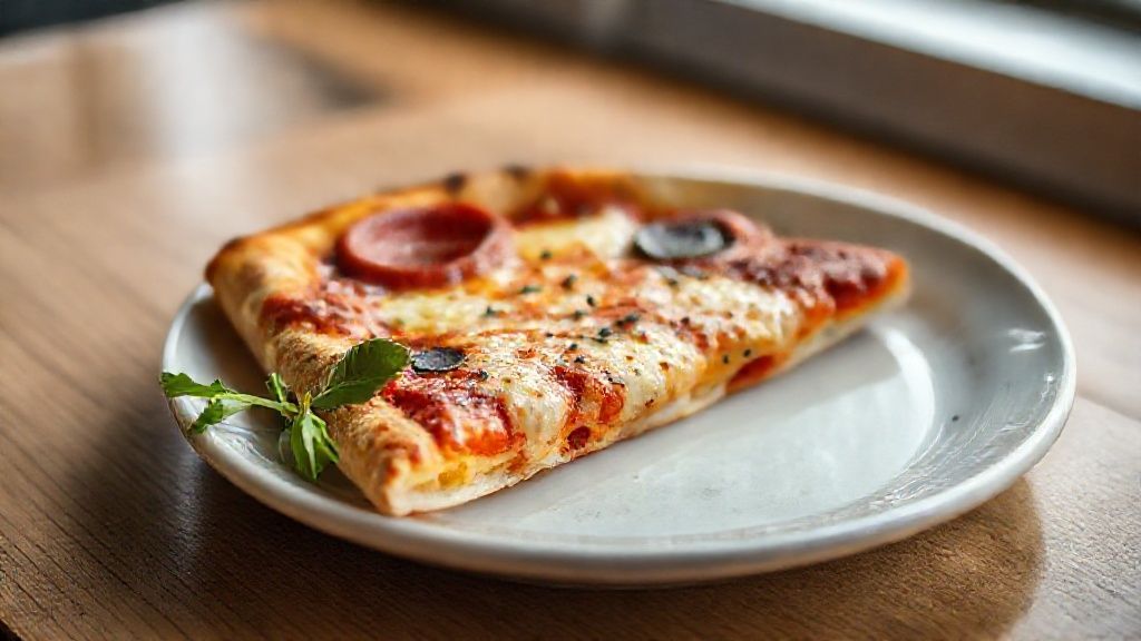 Fatia de pizza reaquecida e crocante em prato branco, mostrando quantos dias a pizza pode ficar na geladeira com segurança