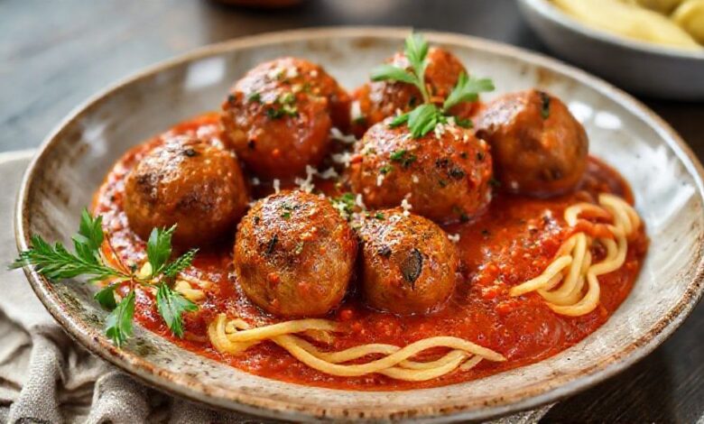 Prato de polpeta rústica servido com molho vermelho espesso e ervas frescas, visual caseiro e apetitoso