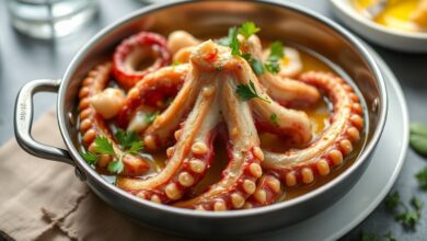 Polvo cozido e macio servido com azeite e ervas frescas em prato mediterrâneo elegante