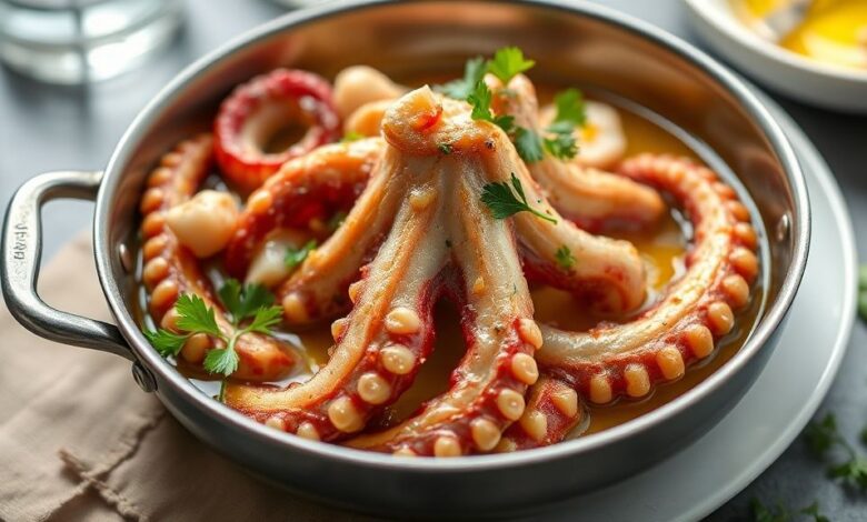 Polvo cozido e macio servido com azeite e ervas frescas em prato mediterrâneo elegante