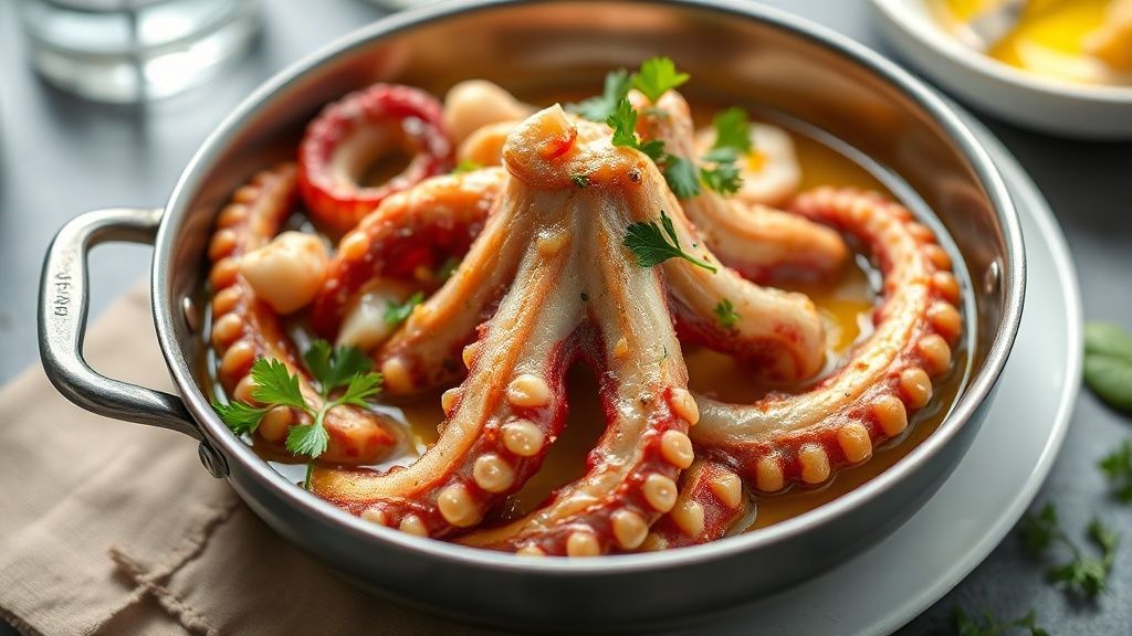 Polvo cozido e macio servido com azeite e ervas frescas em prato mediterrâneo elegante