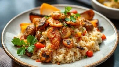 Prato africano colorido com arroz, carne, legumes e molho cremoso, servido em tigela artesanal.