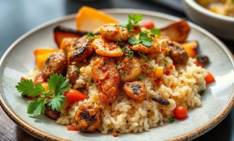 Prato africano colorido com arroz, carne, legumes e molho cremoso, servido em tigela artesanal.