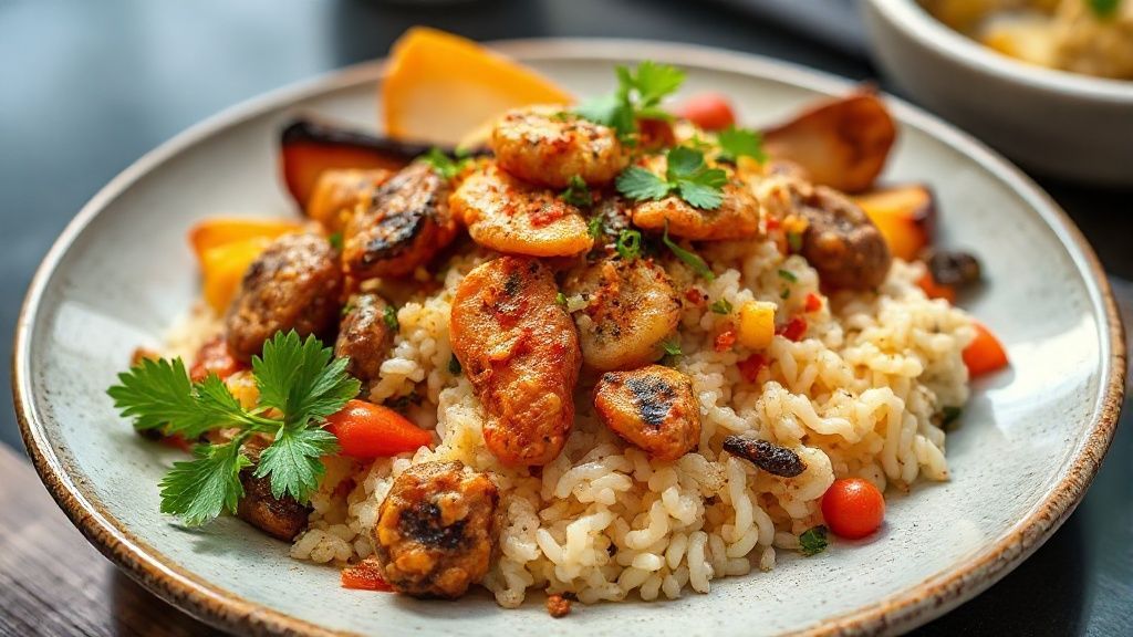 Prato africano colorido com arroz, carne, legumes e molho cremoso, servido em tigela artesanal.