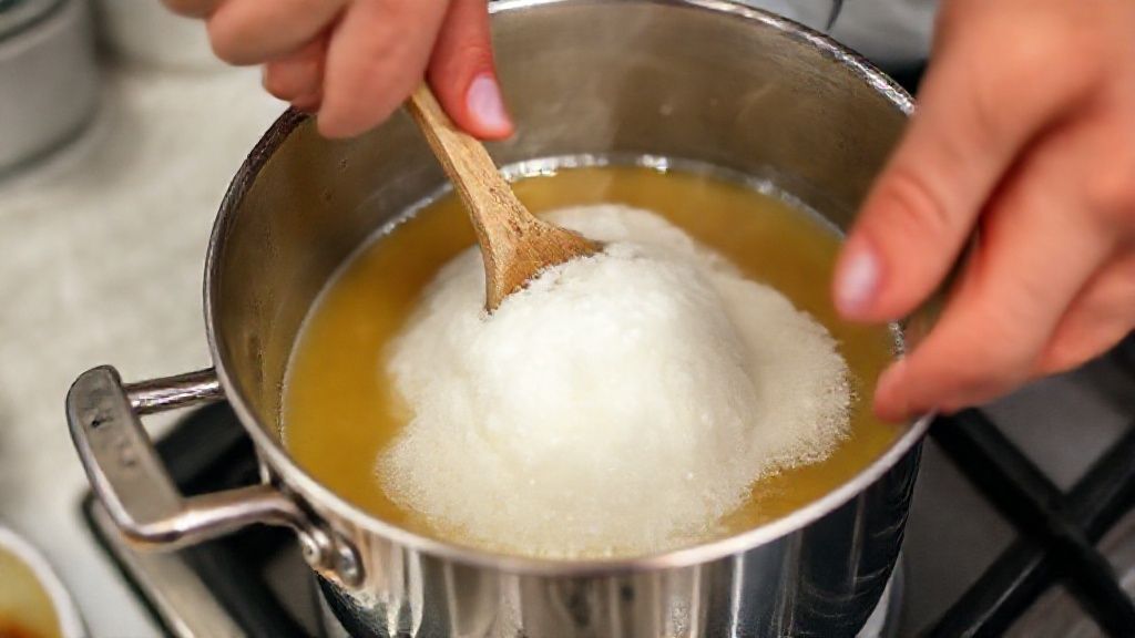 Mãos mexendo a calda de açúcar em ponto certo dentro da panela durante o preparo