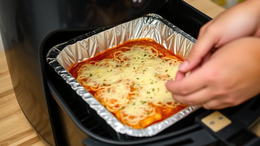 Mãos posicionando a lasanha na cesta da airfryer, com cuidado para ajustar a temperatura