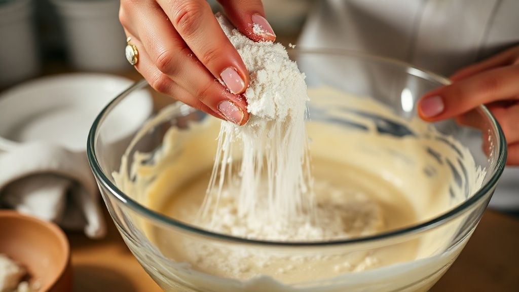 Mãos adicionando farinha de trigo em tigela com massa para bolo durante mistura.