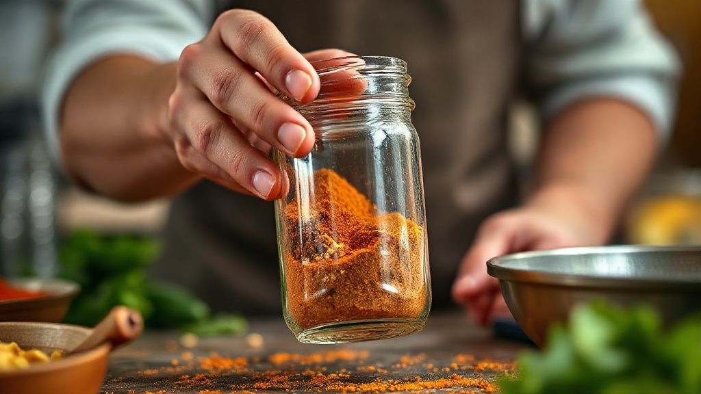 Mãos misturando especiarias em pó em um pote de vidro, com utensílios de cozinha ao fundo.