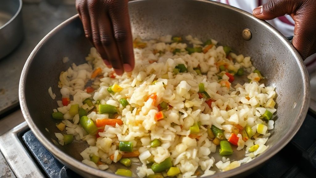 Mãos refogando temperos com azeite de dendê e legumes em panela grande.