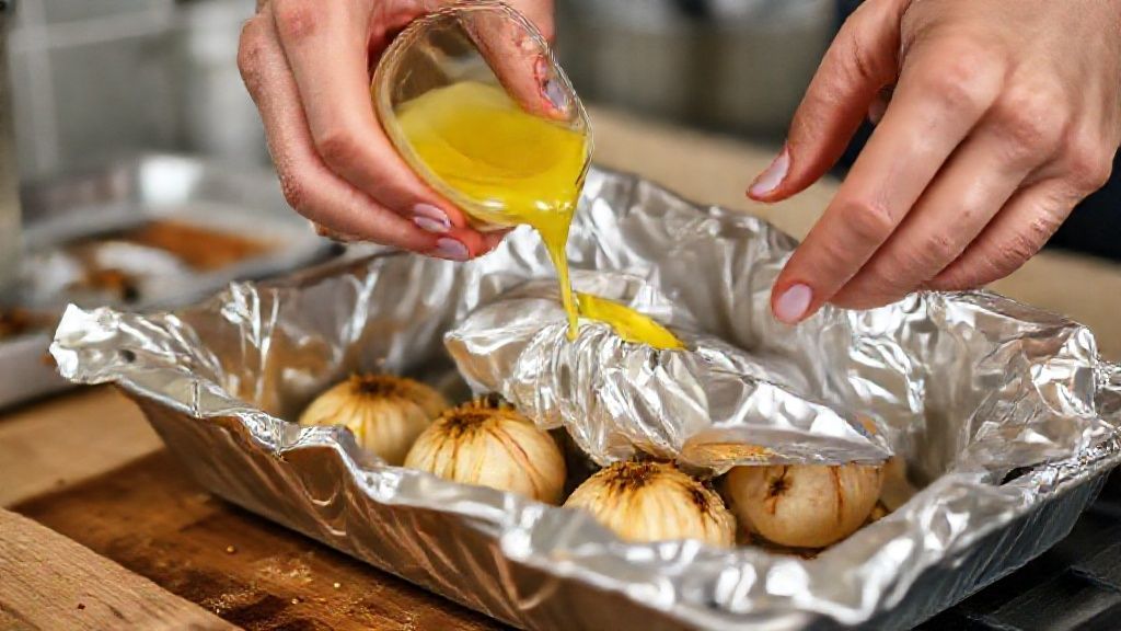Mãos regando alhos com manteiga derretida e embrulhando em papel-alumínio antes de levar ao forno.