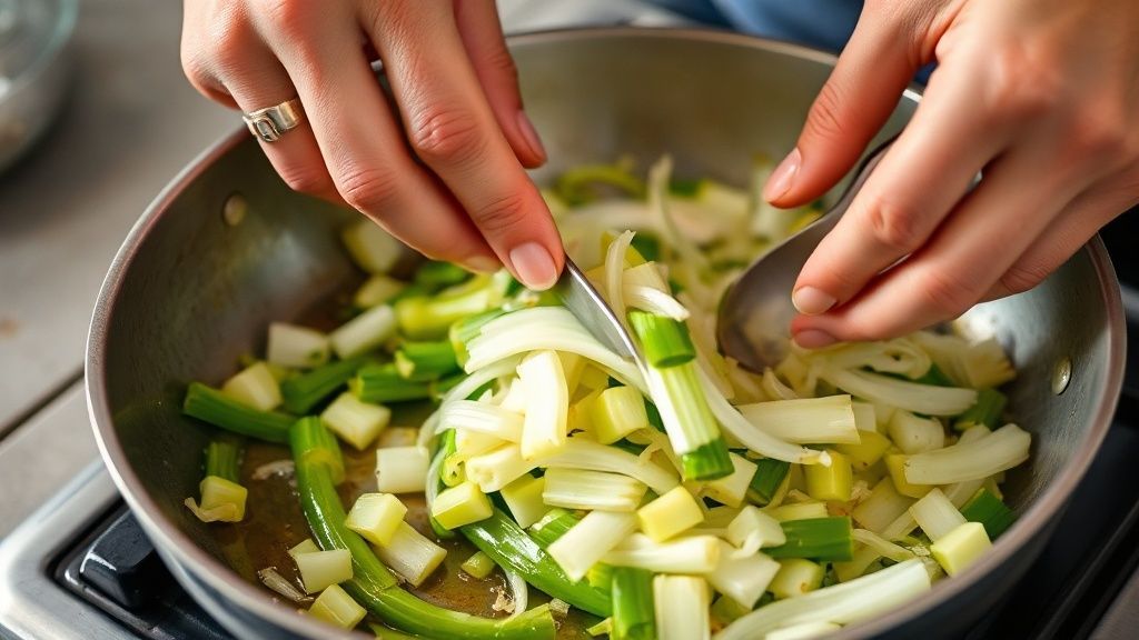 Mãos fatiando alho-poró fresco e colocando em frigideira com azeite quente.