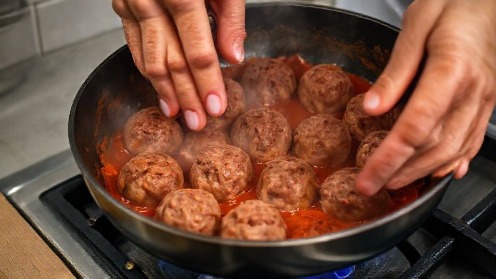 Mãos moldando as almôndegas e dourando em frigideira com azeite, mostrando o processo de preparo.