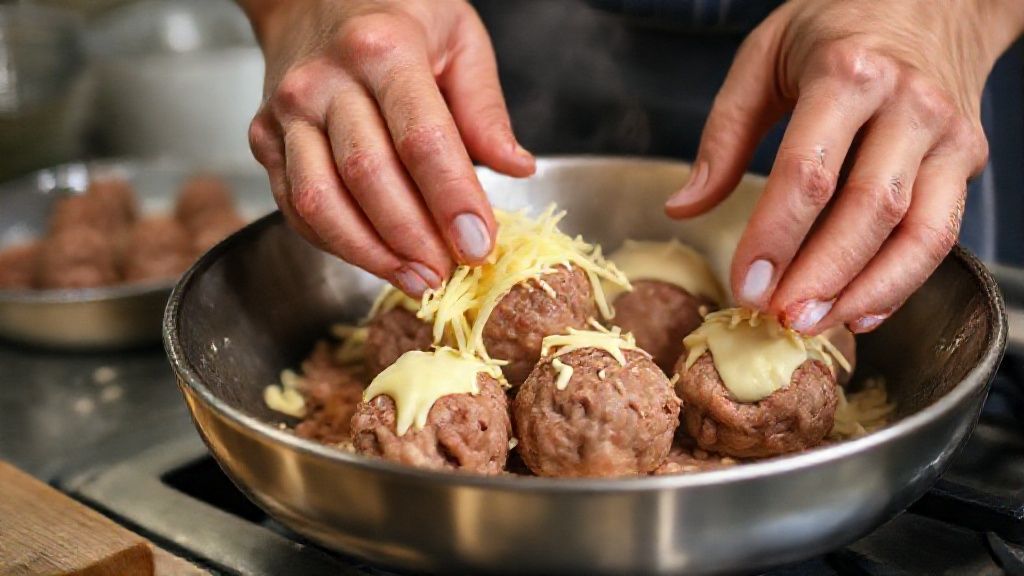 Mãos moldando a carne e recheando com cubos de queijo durante o preparo das almôndegas