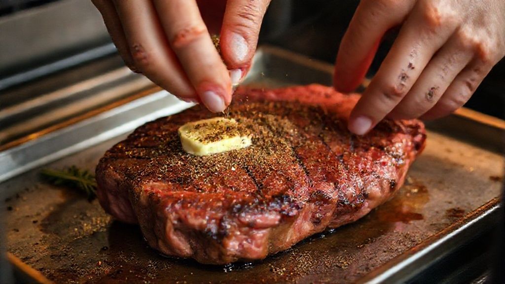 Mãos passando manteiga e temperos sobre o ancho em uma assadeira antes de ir ao forno.