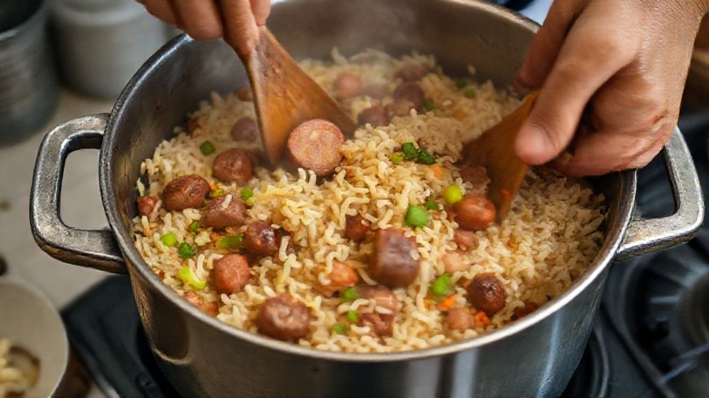 Mãos em ação refogando a linguiça e os legumes em uma panela grande durante o preparo do arroz sertanejo