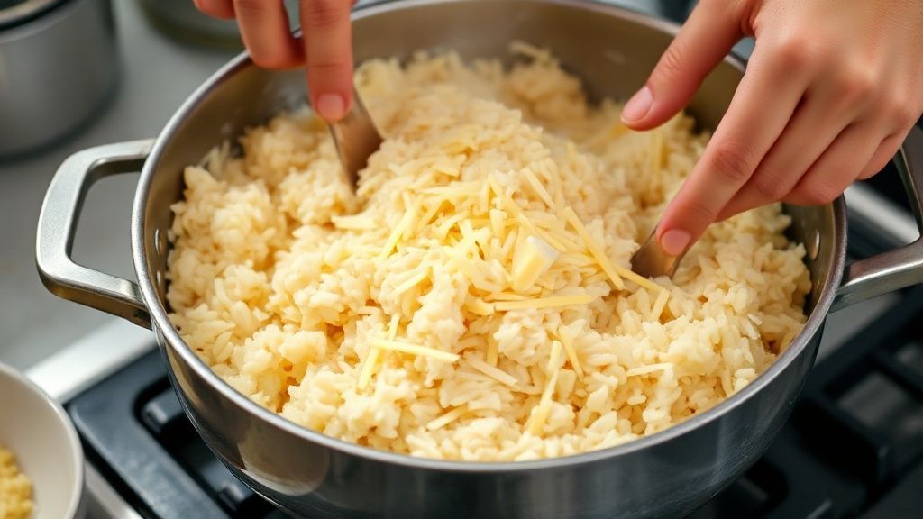 Mãos adicionando requeijão e queijo à panela com arroz e frango durante o preparo