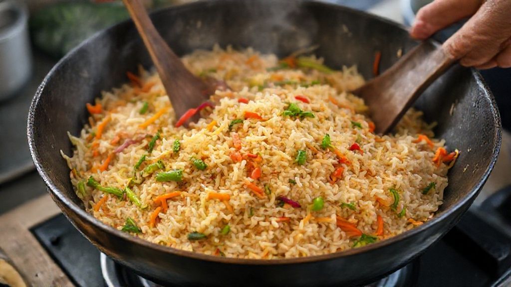 Mãos refogando legumes e arroz em uma wok durante o preparo do prato