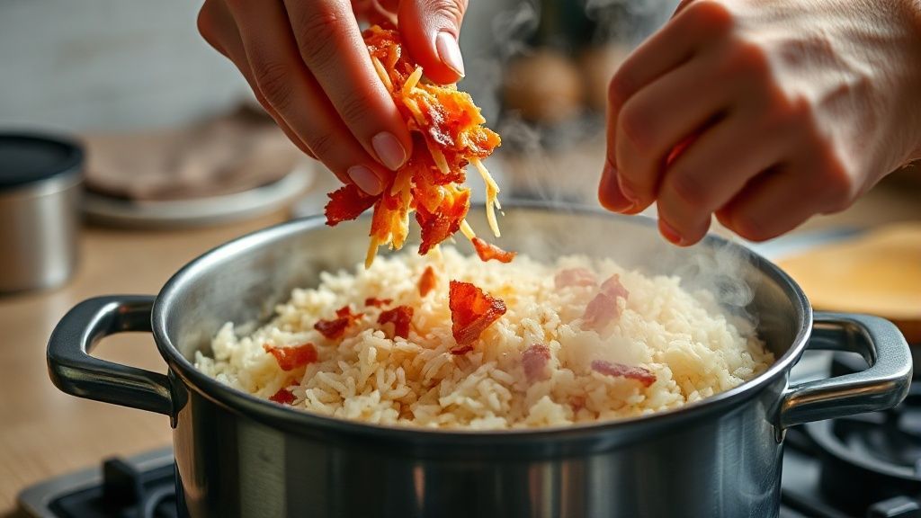 Mãos adicionando bacon e arroz na panela durante o cozimento do arroz X-tudo.