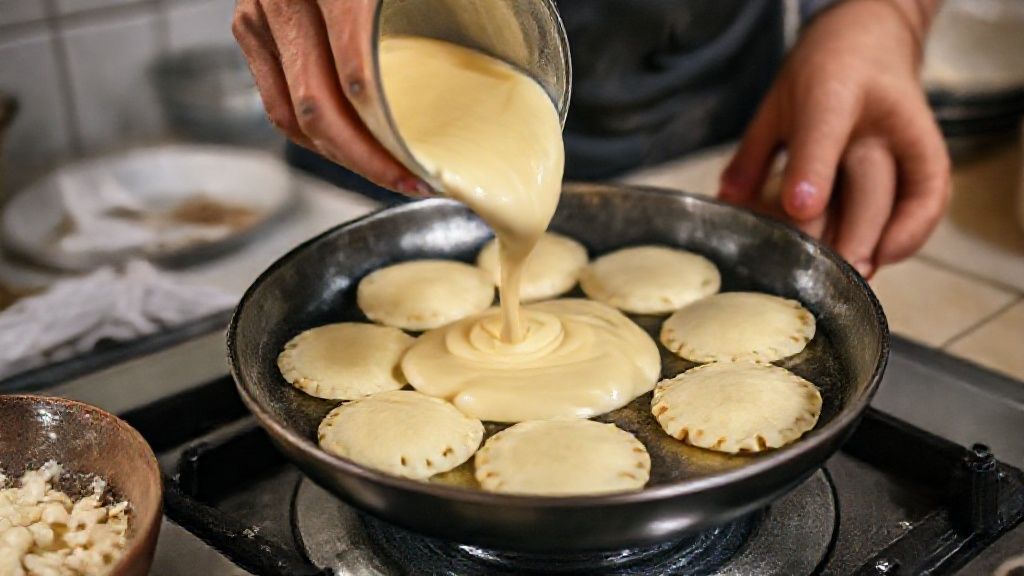 Mãos preparando as pequenas panquecas do ataif em frigideira antiaderente