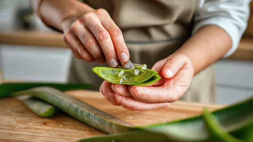 Mãos cortando a folha de babosa e removendo o gel transparente com faca, mostrando o processo de limpeza