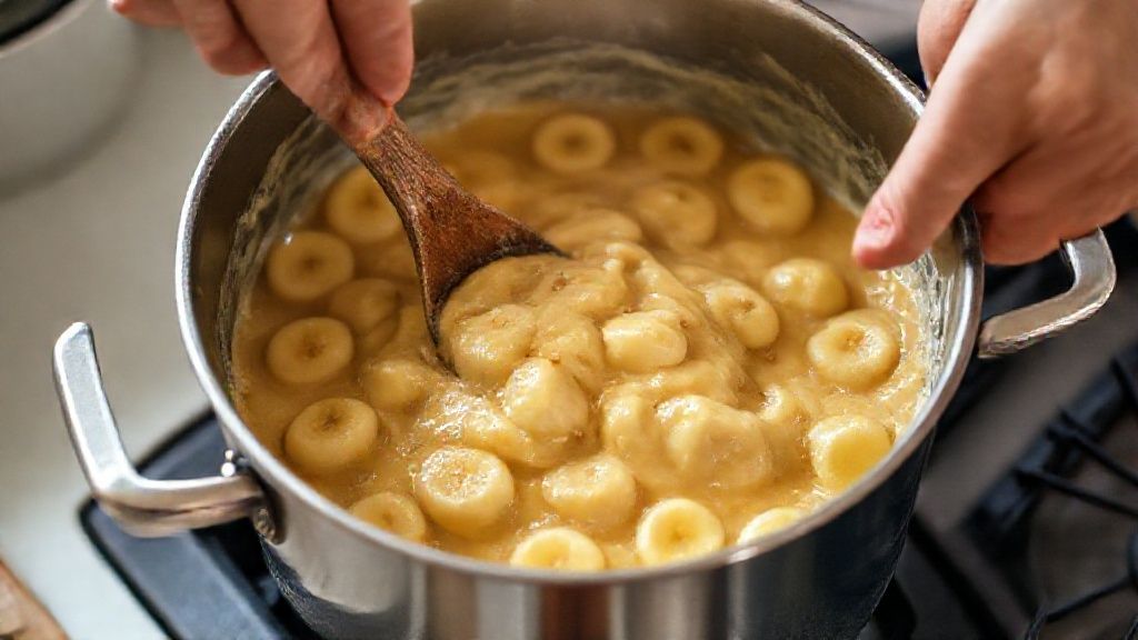 Mãos mexendo a mistura de banana e açúcar em panela durante o cozimento