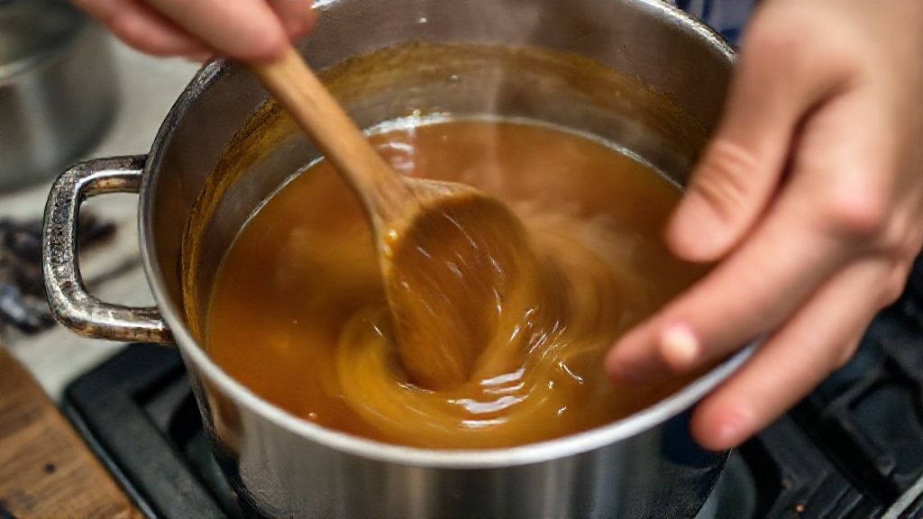 Mãos mexendo a calda dourada em uma panela durante o cozimento do doce