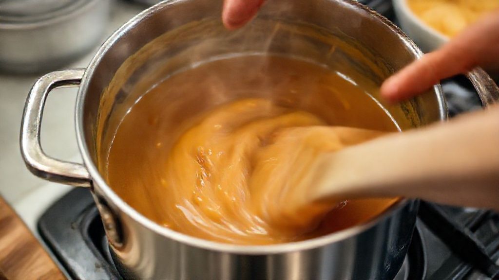 Mãos mexendo a mistura de açúcar e creme em uma panela durante o preparo do caramelo