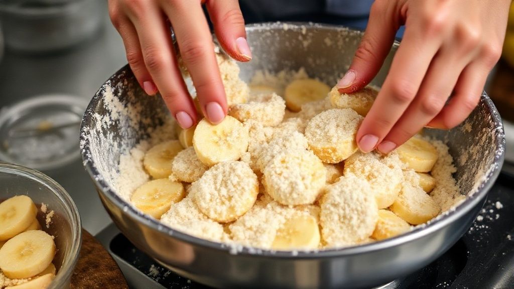 Mãos empanando as bananas em farinha de rosca durante o preparo