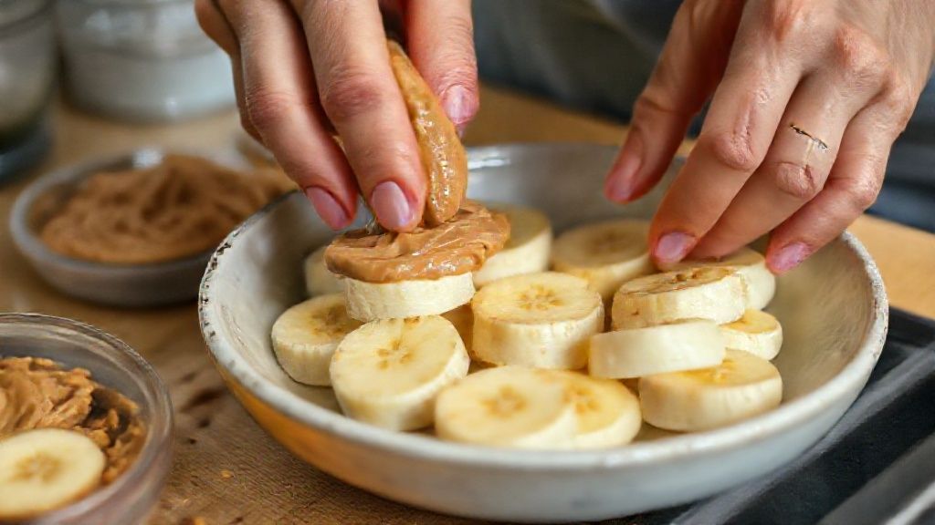 Mãos espalhando a pasta de amendoim sobre fatias de banana em uma cozinha iluminada.