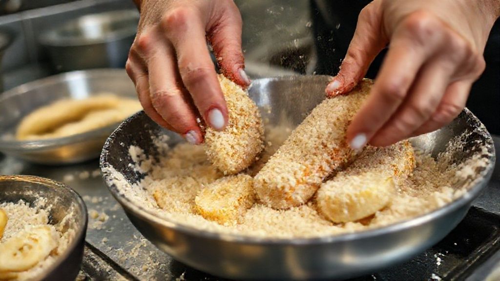 Mãos empanando bananas em tigela, cobrindo com farinha de rosca antes de fritar