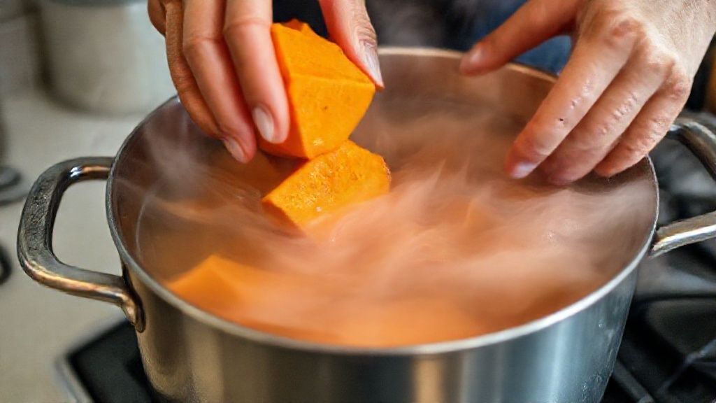 Mãos adicionando batatas-doces à panela com água fervente durante o cozimento